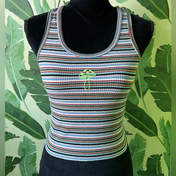 Urban Outfitters Striped Mushroom Crop Tank Top Size Small - Picture 1 of 3